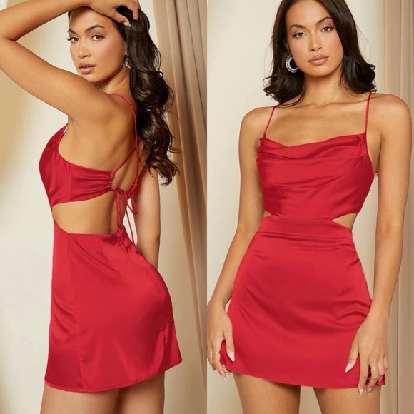 cowl neck Cut Out Crisscross Tie Backless Satin Cami Dress red - Picture 1 of 12